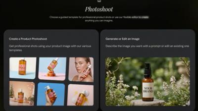Users can upload any product image, choose from curated templates such as studio or lifestyle settings, or opt for automated suggestions.
